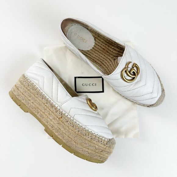 Gucci Shoes - GUCCI Marmont White Platform Espadrilles 37 US 7 Mátelasse Leather Quilted Flats
